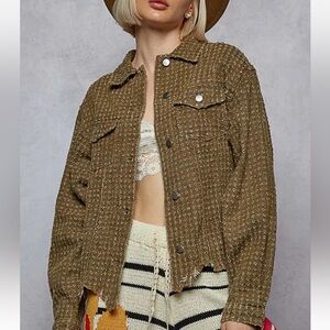 POL Textured Raw Hem Button Up Jacket Women's Size M Brown Pockets Boho Grunge